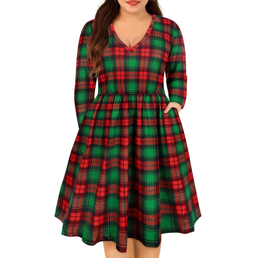 2485 Plus Size Dresses Red Green Plaid Long Sleeve Dresses Elegant V Neck